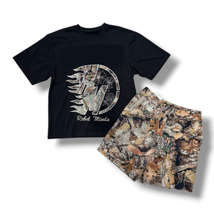 เสื้อยืดและกางเกงขาสั้นชุดเซ็ตสตรีทแวร์คุณภาพสูง ผ้าฝ้าย 100% พิมพ์ลายกราฟิกทั่วตัวแบบกำหนดเอง ลาย Fearless Wash Cream Lightning Rhinestones - Product Image 6