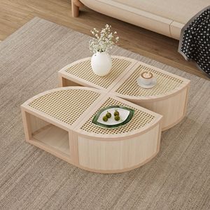 Tavolino da Caffè Modulare in 4 Pezzi, Rattan Naturale Chiaro, da Rotondo a Quadrato con Vano Portaoggetti - Product Image 3
