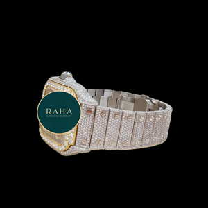 Montre de luxe RAHA en quartz moissanite, bracelet en acier inoxydable, boîtier de 20 mm, verre saphir de 42 mm, chiffres romains, analogique, fermoir déployant - Product Image 1