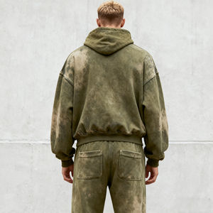 Sweat à capuche pour homme en molleton tricoté, style rétro, avec appliqué et effet délavé à l'acide, personnalisé OEM, et ensemble de jogging deux pièces gaufré, style streetwear - Product Image 4