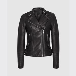 Chaqueta de Motociclista de Cuero Genuino para Mujer, Color Sólido, Cuello Redondo, Cierre de Cremallera, Manga Larga, Estilo Otoñal - Product Image 1