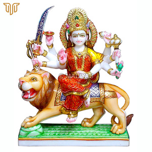Marble Durga Maa Statue on Lion | Seated Durga Mata Murti with Sword, Lotus and Conch by MALIYAS Jaipur India - Product Image 2