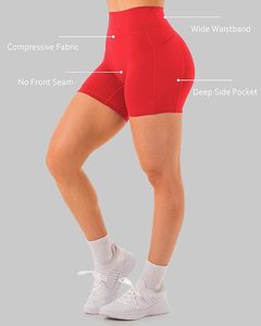 Shorts de motard taille haute rouges pour femme, couleur unie, extensibles, avec poches, coupe classique, en tricot de spandex et polyester, écologiques - Product Image 4