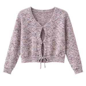Cardigan en tricot pour femme, violet et rose, décontracté, à manches longues, col en V, à nouer sur le devant, haut de gamme pour l'automne, pull court tendance pour femme, vêtement d'extérieur - Product Image 1
