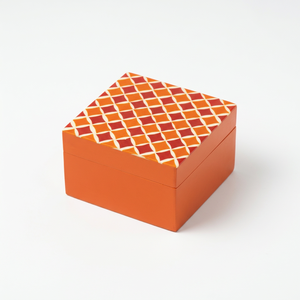 Caja de Almacenamiento de Madera con Patrón Geométrico Naranja y Rojo, Hecha a Mano, Personalizada, OEM, ODM, DECORYUG - Product Image 2