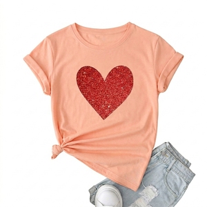 Camisetas de Mujer Estilo Casual, con Gráfico de Corazón Rojo Brillante, 100% Algodón Transpirable, para Verano - Product Image 1