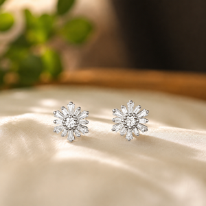 Boucles d'oreilles clous en moissanite motif fleur, serties de diamants taille baguette, bijoux d'oreille pour cadeau d'anniversaire pour elle - Product Image 3