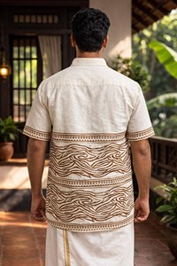 Handcrafted <b>Men</b> Ivory Cotton <b>Short</b> Sleeve Shirt with Traditional <b>Brown</b> Hand Block Print Border and Wave Motifs - Product Image 2