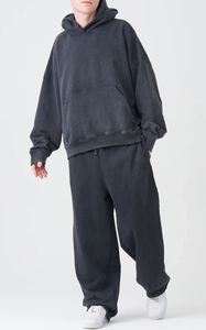 Ensemble jogging et sweat à capuche oversize noir pour homme en molleton de coton éponge délavé avec broderie style Technics - Product Image 3