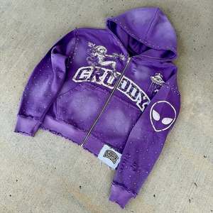 Custom Rhinestone Distressed Zip Hoodie Vintage Wash Graphic Streetwear Hoodie Heavyweight Cotton Fleece Cropped Fit OEM Hoodies - Product Image 6