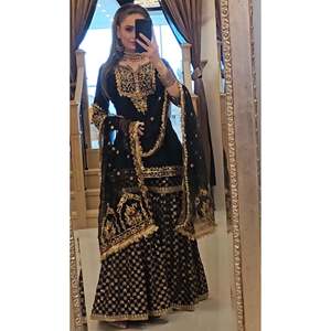 Conjunto de Fiesta Negro para Mujer SSR Designer - Top, Pantalones Plazzo y Dupatta, Talla M, con Bordado Intenso - Product Image 1