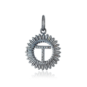Pave Diamond <b>Initial</b> T Charm Oxidized 925 <b>Silver</b> Baguette Diamond Alphabet Pendant <b>Necklace</b> Unisex Jewelry Wholesale - Product Image 4