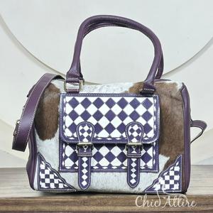 Bolso de Hombro Cruzado de Cuero Genuino con Diseño a Cuadros y Pelo de Vaca, Estilo Retro Vintage, para Mujer - Colección Expo Marzo 2026 - Product Image 1