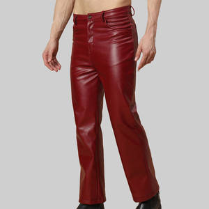 Pantalon en cuir marron pour homme, haute qualité, fermeture éclair, plusieurs poches, style motard, anti-rétrécissement, automne, élastique, poids moyen, taille haute - Product Image 3