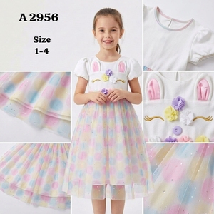 Robe trapèze pour filles, longueur aux genoux, manches bouffantes, imprimé licorne et fleurs, taille 1-4, style mignon de printemps - Product Image 2