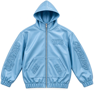 Chaqueta con Capucha de Cuero Personalizada para Hombre, con Grabado en el Pecho y en las Mangas, Cierre Completo, Ropa Urbana de Moda - Product Image 1