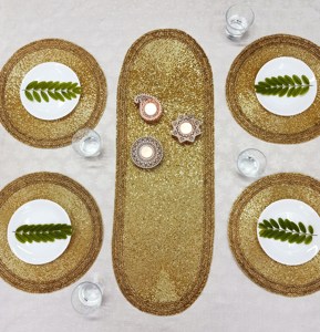 Juego de Camino de Mesa Tejido Dorado con Manteles Individuales, Decoración Rústica para el Hogar, Diseño Ovalado Lavable - Product Image 1