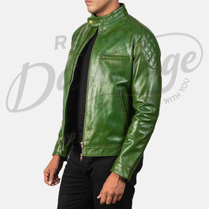 Chaqueta de Cuero Verde Esmeralda para Hombre, Corte Ajustado, Piel de Oveja Auténtica, Estilo Motero, Cuello Mao, para Otoño e Invierno - Product Image 5