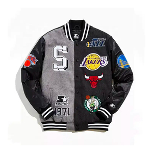 Veste varsity imperméable pour homme, mélange polyester/coton, manches en simili cuir, patchs en chenille, fermeture à un bouton, col rabattu - Product Image 6