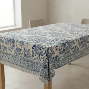 Cotton Table Cover Blue White Floral Botanical Printed Dining Tablecloth Elegant Decorative Home Decor - Product Image 3