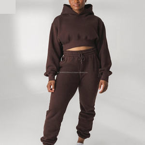 Fabricants de vêtements personnalisés Couverture en molleton Ensemble de sweats à capuche pour femmes Sweat-shirt à capuche court pour femmes Taille Plus Sweatshirts et pantalons pour femmes - Product Image 3