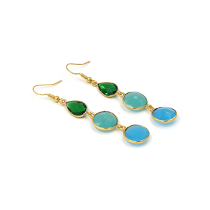Pendientes Colgantes Bohemios de Flor con Múltiples Gemas de Calcedonia Azul Esmeralda Aqua para Boda |   Bisel Hecho a Mano con Baño de Oro de 18K - Product Image 2