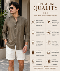Chemise décontractée pour homme en lin, col montant, vert olive, manches longues, coupe ample, respirante, pour l'été et la plage, taille 3XL - Product Image 2