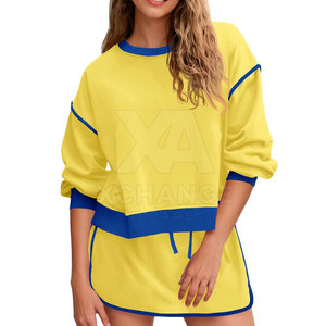 Conjunto de Sudadera y Pantalones Cortos Casuales para Mujer, Estampado Sólido, Lona Lavada, 100% Algodón Ecológico, Dos Piezas, para Viajes y Vacaciones - Product Image 6