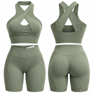 Women's Sage <b>Green</b> Cross Back Sports Bra Shorts <b>Set</b> Seamless Yoga <b>Gym</b> Workout Clothing Custom Private Label OEM - Product Image 6