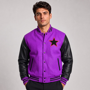 Men's Purple Varsity <b>Jacket</b> Black Leather Sleeves Embroidered <b>Star</b> Patch Casual Autumn Wear Regular Fit - Product Image 1