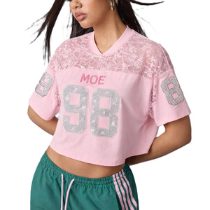 Trendy Pink Lace Crop <b>Top</b> V-Neck American Football Jersey Women Cropped Y2K <b>Mesh</b> <b>Top</b> Customized <b>Rhinestones</b> Summer Apparel - Product Image 3