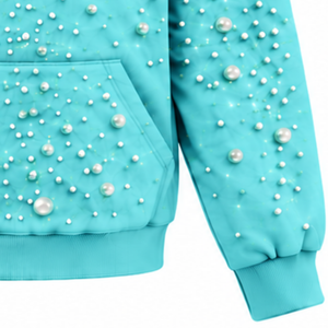 Sudadera con Capucha Casual Unisex de Forro Polar para Invierno, Color Azul Agua, con Cuentas de Perlas, Capucha con Cordón Ajustable y Bolsillo Tipo Canguro, para Mantener el Calor - Product Image 5