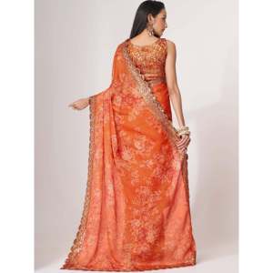 Magnifique Saree de mariage en organza à imprimé floral orange avec chemisier - Product Image 5