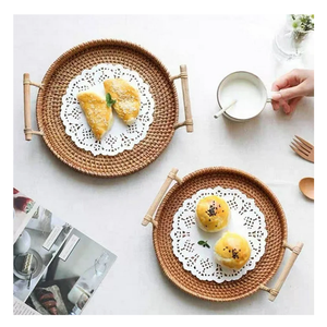 Plateau de service rustique de luxe en rotin, fait main, avec poignée en bois naturel, organisateur de thé et de collations, qualité supérieure pour la table à manger à la maison - Product Image 6