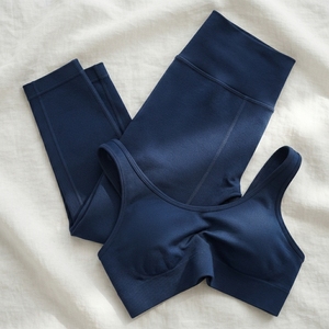 <b>Women</b> <b>Navy</b> Blue Ribbed Yoga Set High Waist <b>Leggings</b> Sports Bra Gym Fitness Workout Activewear Two Piece Set - Product Image 5