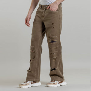 Pantalon en velours côtelé coupe droite pour homme, déchiré et vieilli, en coton mi-lourd, décontracté avec poches, style automne - Product Image 3