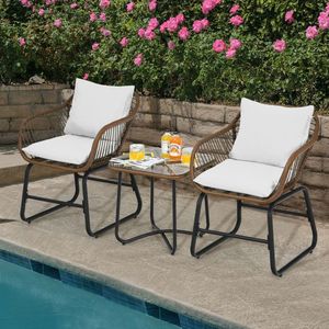 Ensemble bistrot 3 pièces en rotin pour patio avec coussins et table en verre pour les fêtes de jardin - Product Image 5