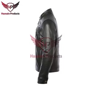 Chaqueta de Cuero Genuino Negra para Hombre, Corte Ajustado, Estilo Motero, Cafe Racer, con Bolsillo con Solapa en el Pecho, Personalizada, Clásica, para Invierno - Product Image 3