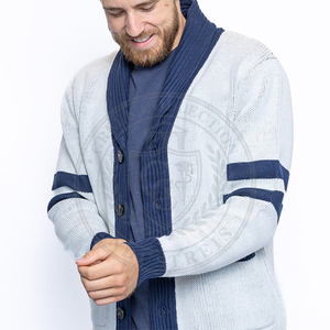 Cardigan en acrylique gris clair pour homme, bordure marine, manches longues, broderie grecque, pull pour homme, tenue scolaire/universitaire - Product Image 2