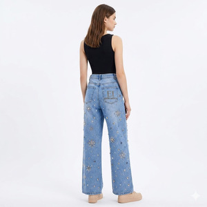 Custom logo Women's Rhinestone Embellished Wide Leg Jeans High Waist Blue Denim <b>Pants</b> <b>Y2K</b> Luxury Streetwear Wholesale - Product Image 4