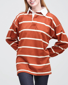 Camisa a Rayas Estilo Rugby Casual para Mujer, Polo Moderno, Sudadera con Botones Frontales, Poliéster/Algodón - Product Image 3