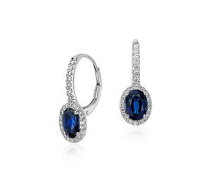 Pendientes Colgantes de Zafiro Azul Ovalado de Platino de Primera Calidad con Halo de Diamantes Naturales de 1 Quilate, Elegantes para Fiestas y Eventos de Lujo - Product Image 2