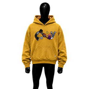 Sudadera con Capucha Dorada con Ilustración de Personajes Divertidos, Estilo Urbano Lavado, Oversize, Casual, Unisex, Vintage - Product Image 1