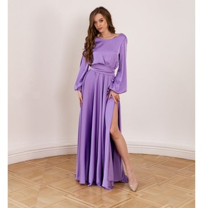 Robe longue en satin violet pour femme, manches longues, fente haute, ceinture à la taille, élégante, pour soirée, cérémonie, mariage, invitée - Product Image 1