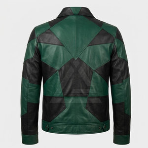 Veste Moto Homme en Cuir Véritable Color Block Respirante Écologique Style Streetwear Patchwork Col Zippé Vert – Vente en Gros - Product Image 2