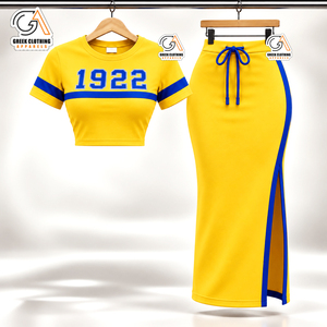 Conjunto de Dos Piezas Azul y Dorado de la Hermandad Femenina Sigma Gamma Rho 1922, Top Corto con Cuello Redondo y Falda Maxi con Bloques de Color, 100% Algodón Bordado - Product Image 1