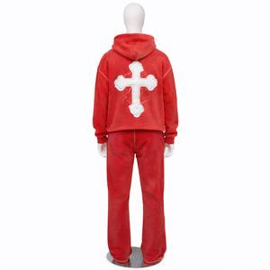 ชุดเซ็ตเสื้อฮู้ดดี้ครอปและกางเกงขายาวทรงบานผ้าฟลีซเทคนิคแบบเต็มตัวสีพื้นสำหรับฤดูหนาว พร้อมดีเทลปะติดแบบดิสเทรสและฟอกสีแบบแอซิดวอช - Product Image 2