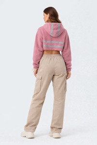 <b>Women</b> Cropped Sherpa Hoodie Reflective Stripe Pullover Soft Fleece <b>Teddy</b> Hoodies Streetwear Custom Manufacturing - Product Image 2