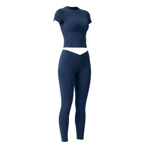 Ensemble de yoga 2 pièces pour femme, couleur unie personnalisable, haut court et legging taille haute longueur complète, sans couture, anti-transpiration, respirant, séchage rapide - Product Image 3