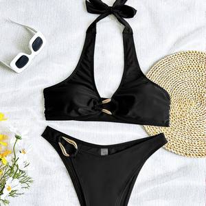 Women's Black Halter Bikini Set With Gold <b>Ring</b> Detail Two Piece Swimsuit Solid Color <b>Stretch</b> Fabric - Product Image 4
